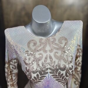 Elegant Sequin Long Sleeve Dress - Cream and Gold